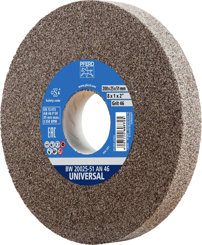 Schleifscheibe mit brauner Oberfläche, Etikett zeigt 'UNIVERSAL, Grit 46', Maße 200x25x51 mm. Geeignet für Schleifarbeiten.