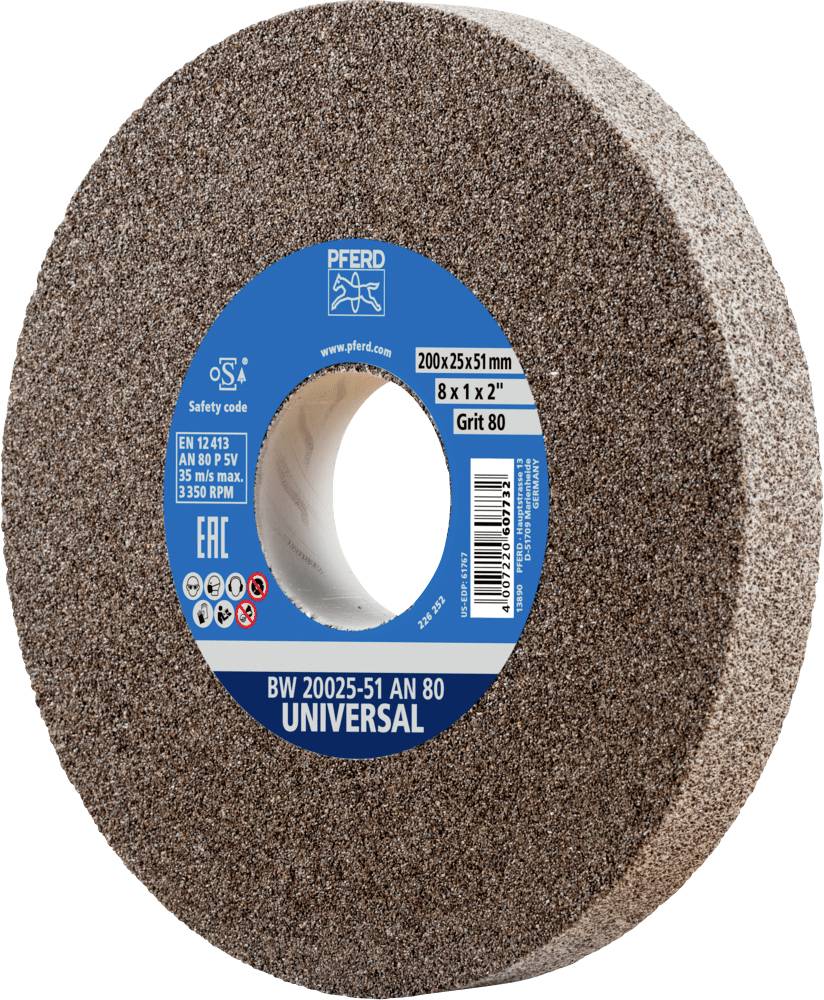 Schleifscheibe mit der Aufschrift 'BW 20025-51 AN 80 UNIVERSAL'. Durchmesser 200 mm, Körnung 80, geeignet für verschiedene Schleifarbeiten.