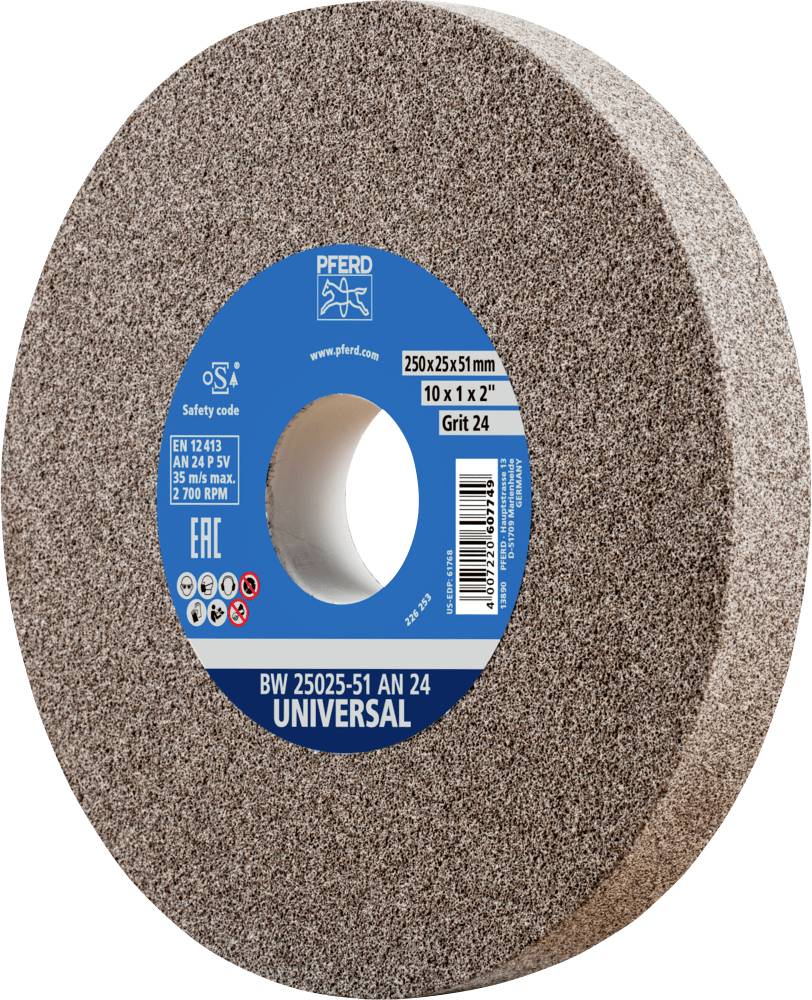 Schleifscheibe, Durchmesser 250 mm, Körnung 24, universell einsetzbar; blauer Etikett-Bereich mit Markenlogo und Produktinformationen.