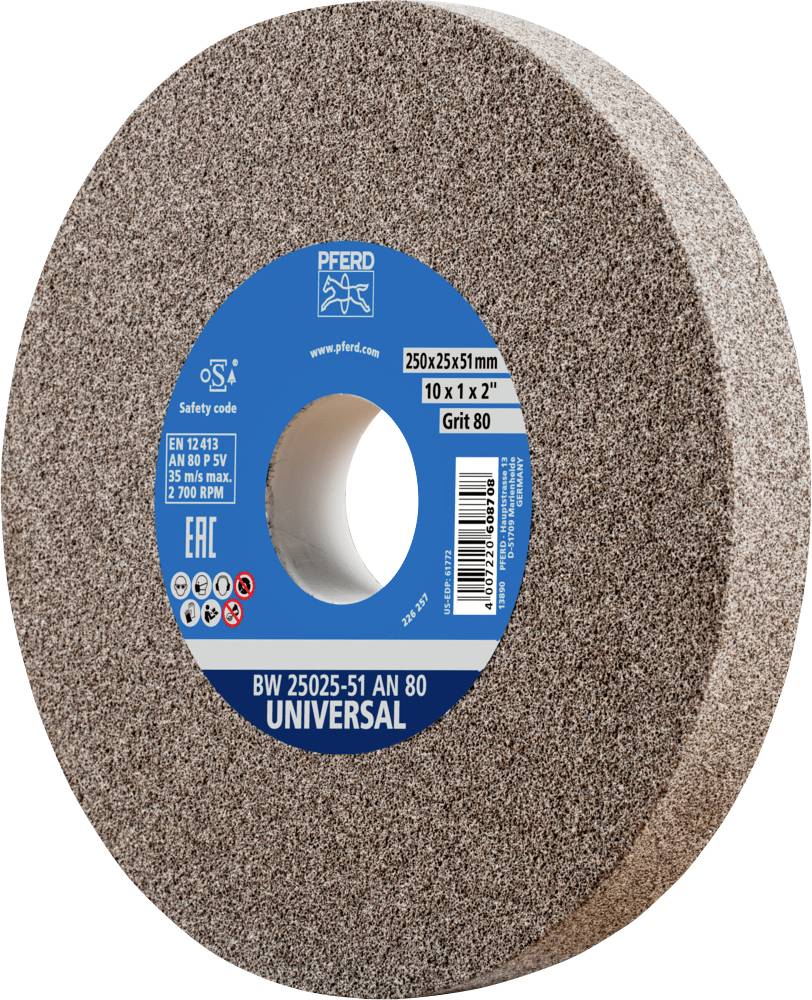 Schleifscheibe mit Aufschrift 'UNIVERSAL', Körnung 80, Durchmesser 250 mm. Geeignet für verschiedene Schleifarbeiten.