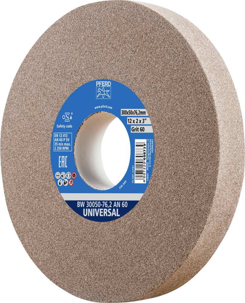 Schleifscheibe mit blauer Etikette, zeigt das Produkt 'UNIVERSAL', Körnung 60, Größe 300x50x76,2mm, für verschiedene Schleifarbeiten geeignet.