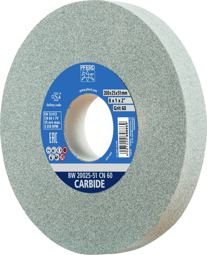 Schleifscheibe mit Etikett 'PFERD CARBIDE', 200x25x51 mm, Körnung 60, für präzises Schleifen von harten Materialien.