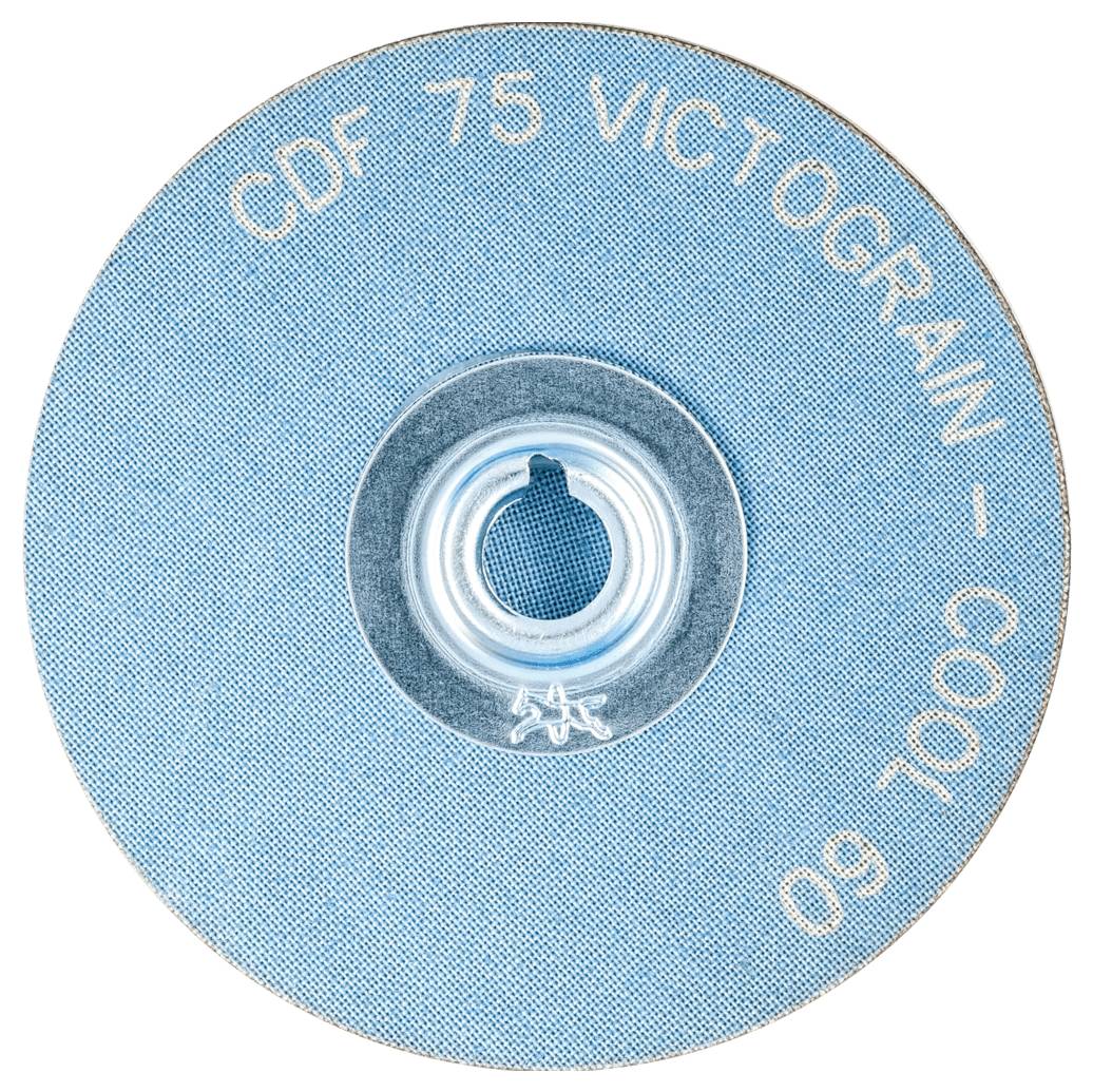 Eine blaue Schleifscheibe mit der Aufschrift 'CDF 75 VICTOGRAIN COOL 96', zentriert auf einer metallenen Aufnahme.