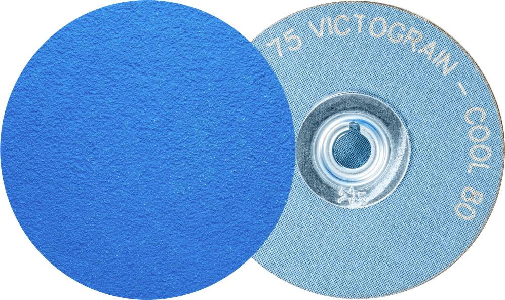 Zwei Schleifscheiben, eine mit glatter blauer Oberfläche, die andere mit der Aufschrift 75 VICTOGRAIN - COOL 80, und Loch in der Mitte.