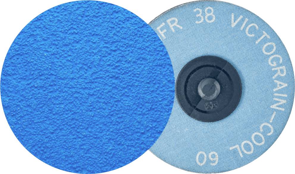 Schleifmittel in Nahaufnahme. Links: blaue, rauhe Oberfläche. Rechts: Rückseite mit Aufdruck 'FR 38 VICTOGRAIN-COOL 60'.
