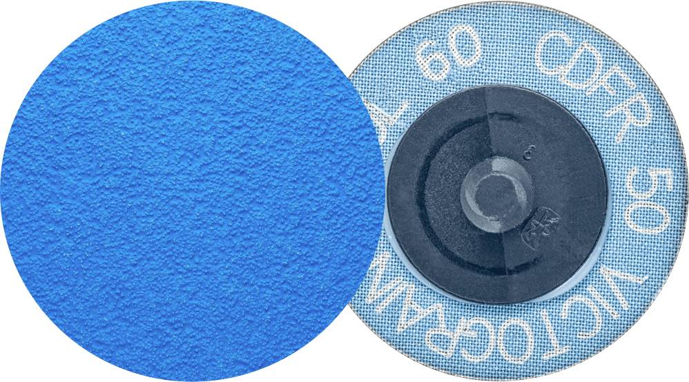 Zwei Schleifscheiben aus blauem Material, eine mit strukturierter Oberfläche, die andere mit textlichen Markierungen und zentraler Halterung.