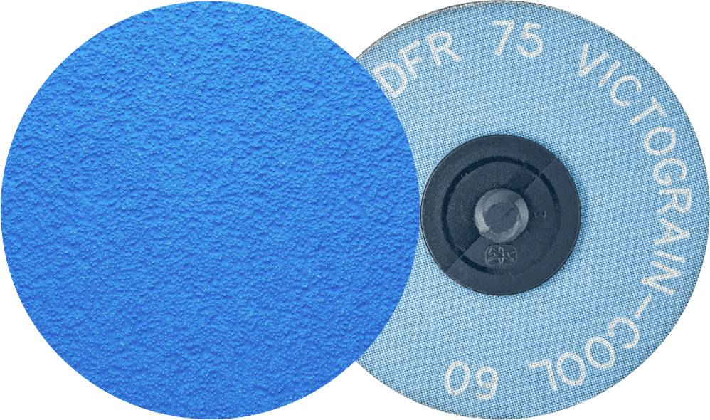 Schleifscheibe mit blauer Körnungstextur links und Beschriftung 'DFR 75 VICTOGRAIN OOL 60' auf blauem Hintergrund rechts.