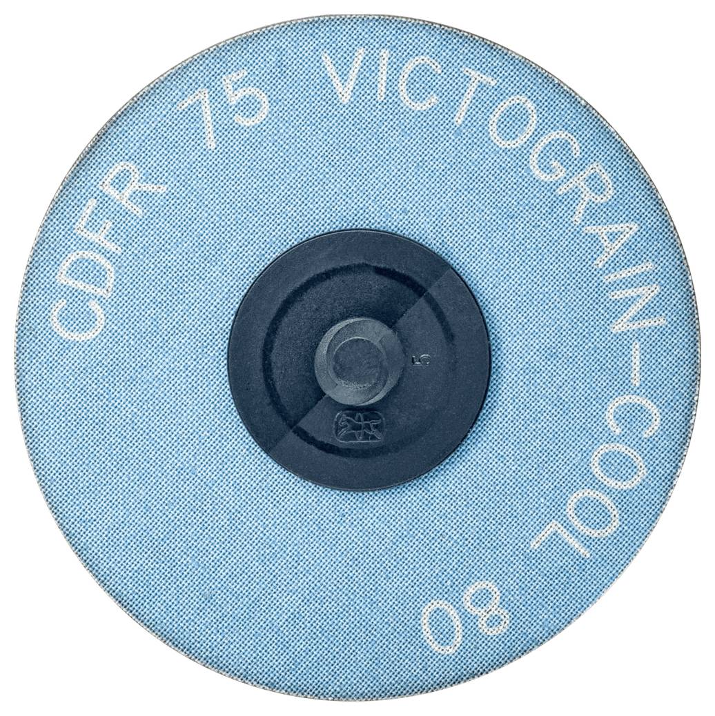 Eine runde blaue Schleifscheibe mit der Aufschrift 'CDFR 75' und 'VICTOGRAIN-COOL 080', zeigt eine zentrale schwarze Befestigung.