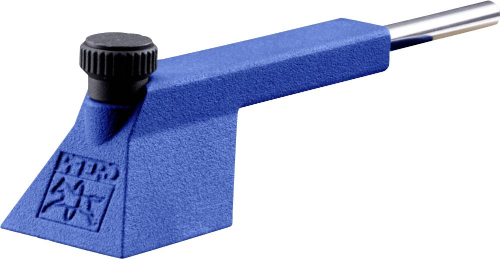 Blauer Metallspanner mit rundem Drehknopf und rechteckiger Basis.