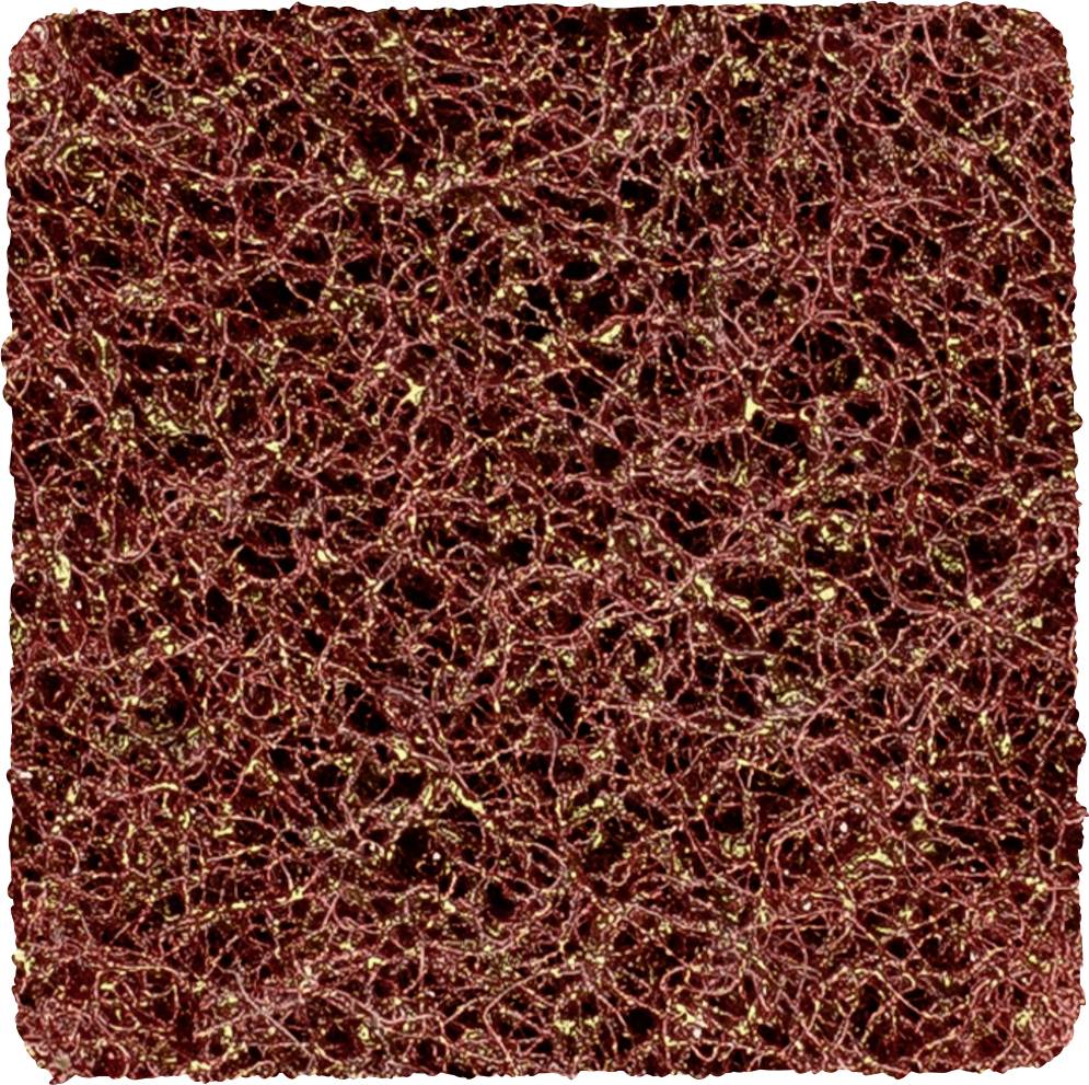 Ein rotes Scheuervlies-Pad mit texturierter, durchbrochener Oberfläche, typischerweise verwendet zur Reinigung oder für handwerkliche Arbeiten.