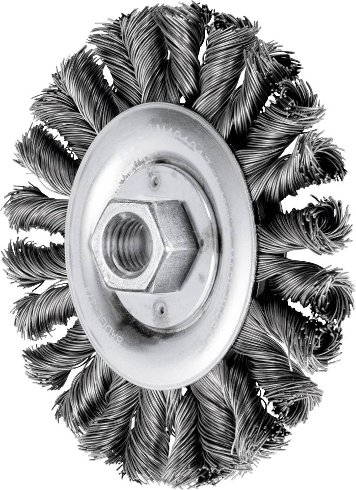 Eine Rundbürste mit verdrillten Stahlborsten und zentraler Schraubenbefestigung, geeignet zur Reinigung oder Entrostung von Metalloberflächen.