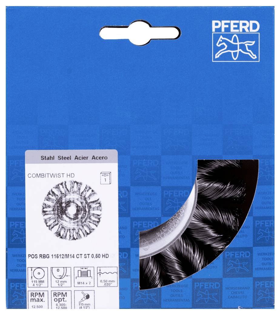 Verpackung einer Hochleistungs-Bürstenscheibe für Stahlbearbeitung, Marke Pferd, mit technischer Spezifikation und Leistungshinweisen.