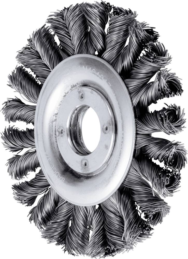 Eine runde Drahtbürste mit metallischen Borsten, die spiralförmig angeordnet sind, wahrscheinlich für die Reinigung oder Materialbearbeitung.