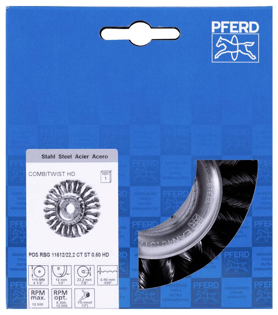Die Verpackung einer PFERD-Stahlbürste, Modell COMBITWIST HD, mit technischen Spezifikationen und schwarzem Stahlborsten-Design.