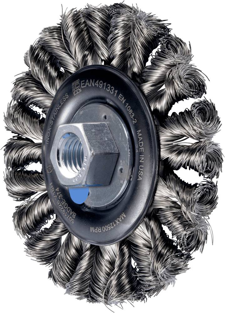 Eine runde Drahtbürste mit geflochtenen Drahtborsten und zentralem Befestigungsgewinde, geeignet für metallbearbeitende Anwendungen.