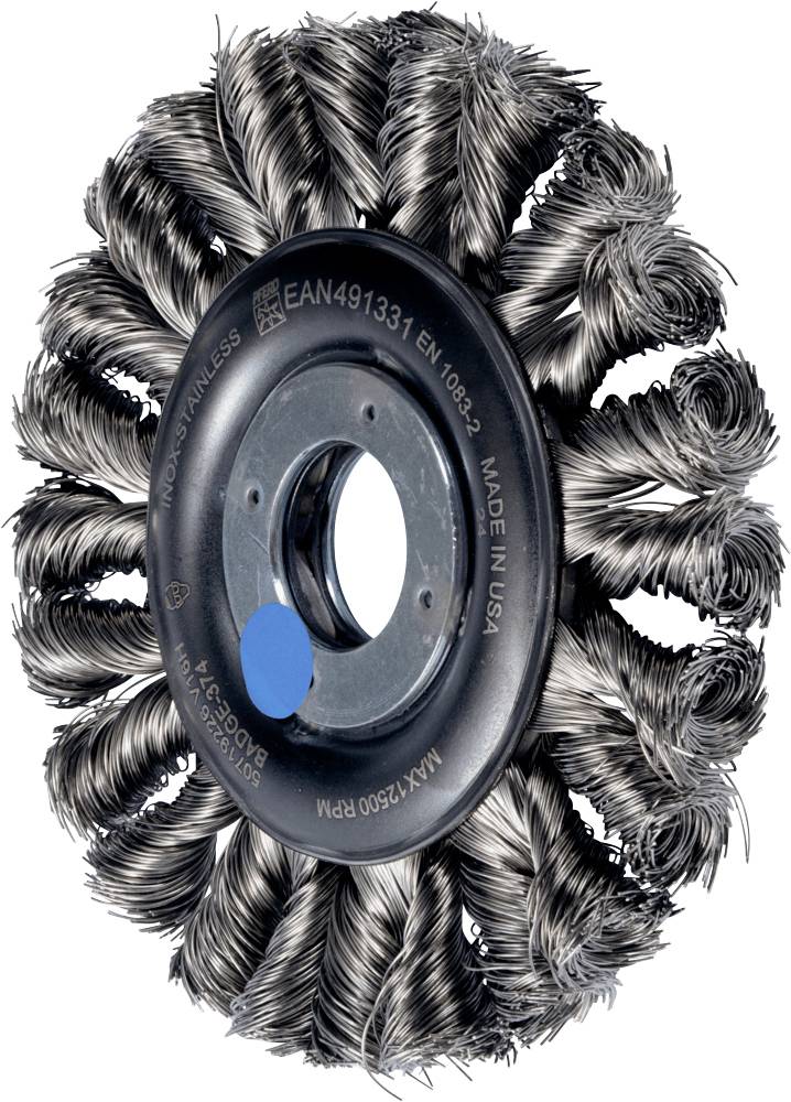 Drahtbürste mit kreisförmig angeordneten Borsten aus Metall, geeignet für Reinigung und Oberflächenbearbeitung.