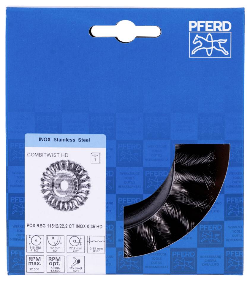 Verpackung einer PFERD COMBITWIST HD Bürste, ideal für Inox-Stahlbearbeitung. Zeigt Produktfoto, Spezifikationen und Logo.