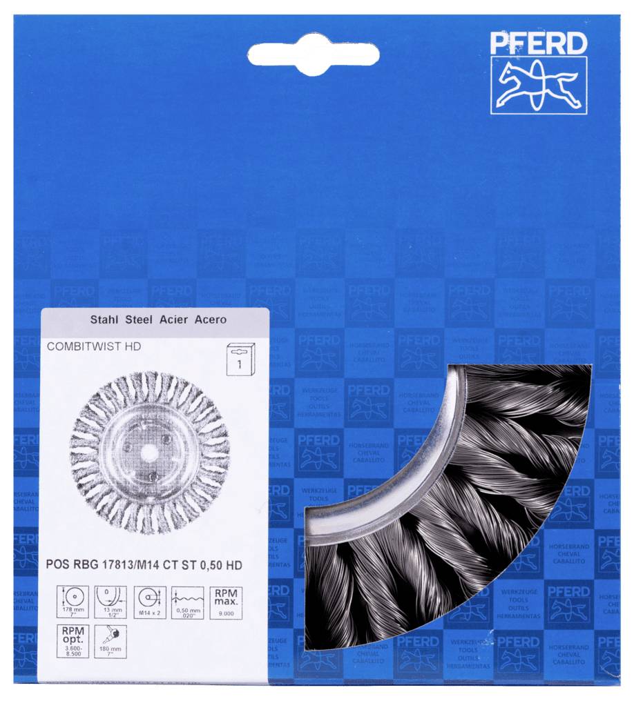 Verpackung eines Schleifwerkzeugs der Marke Pferd mit Bild eines Drahtbürstenaufsatzes und technischen Spezifikationen auf blauem Hintergrund.
