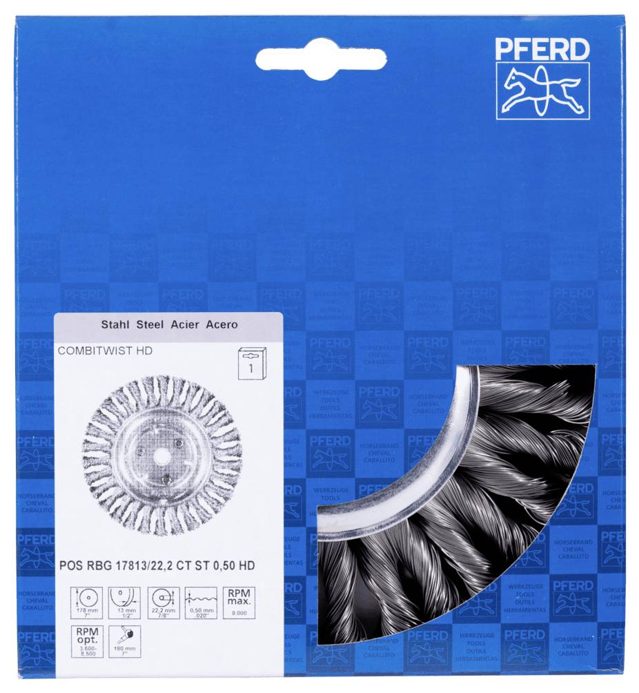 Verpackung einer Stahlbürste von Pferd mit einem Bild der Bürste auf blauem Hintergrund. Text: 'Stahl Steel Acier Acero, COMBITWIST HD'.