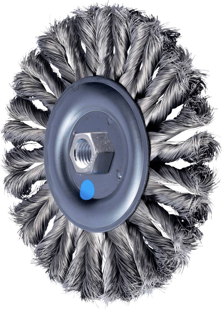 Drahtbürste mit verdrehten Stahlborsten, geeignet zum Entfernen von Rost oder Verschmutzungen auf Metalloberflächen.