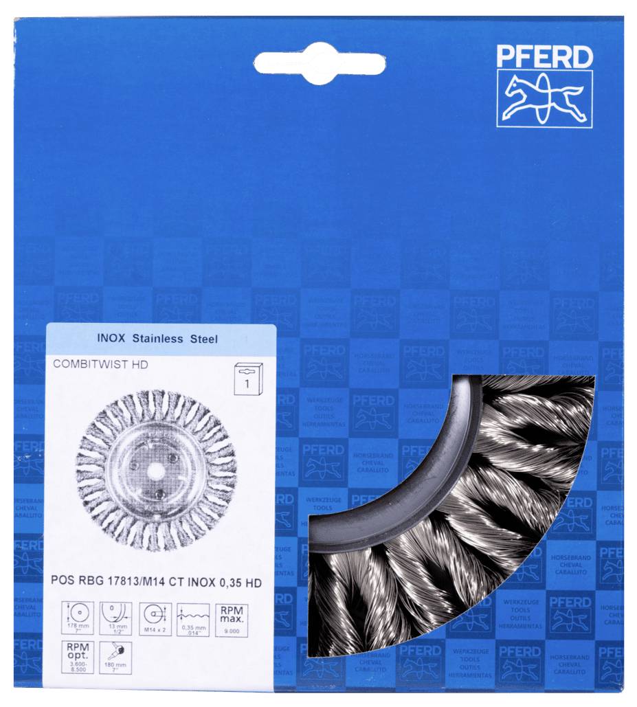 'PFERD Kombibürste aus Edelstahl für Bohrmaschinen, Modell COMBITWIST HD, POS RBG 17813/M14 CT INOX 0,35 HD' in blauer Verpackung.