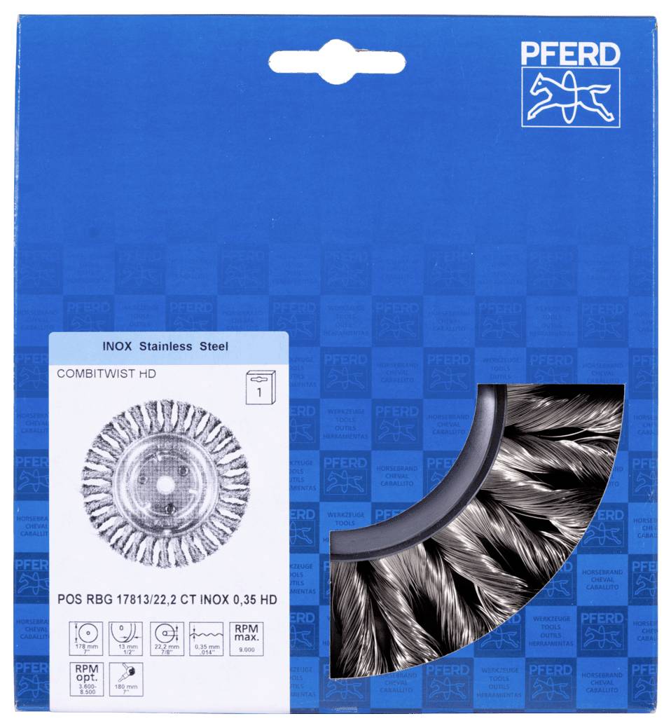 Schleifbürste für Edelstahlbearbeitung, Marke PFERD, abgebildet auf blauem Karton mit technischen Details und Produktabbildung.