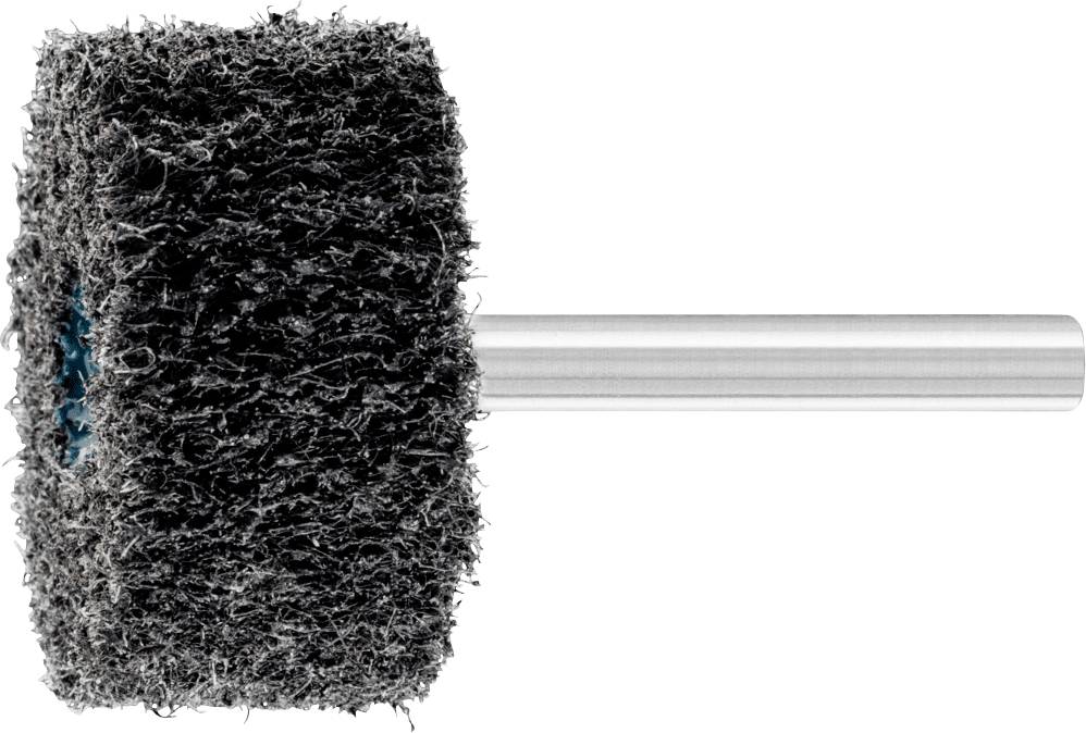 Ein zylindrischer Schleifaufsatz mit grauer, rauer Oberfläche und silbernem Griff, eingesetzt für das Glätten oder Polieren von Materialien.
