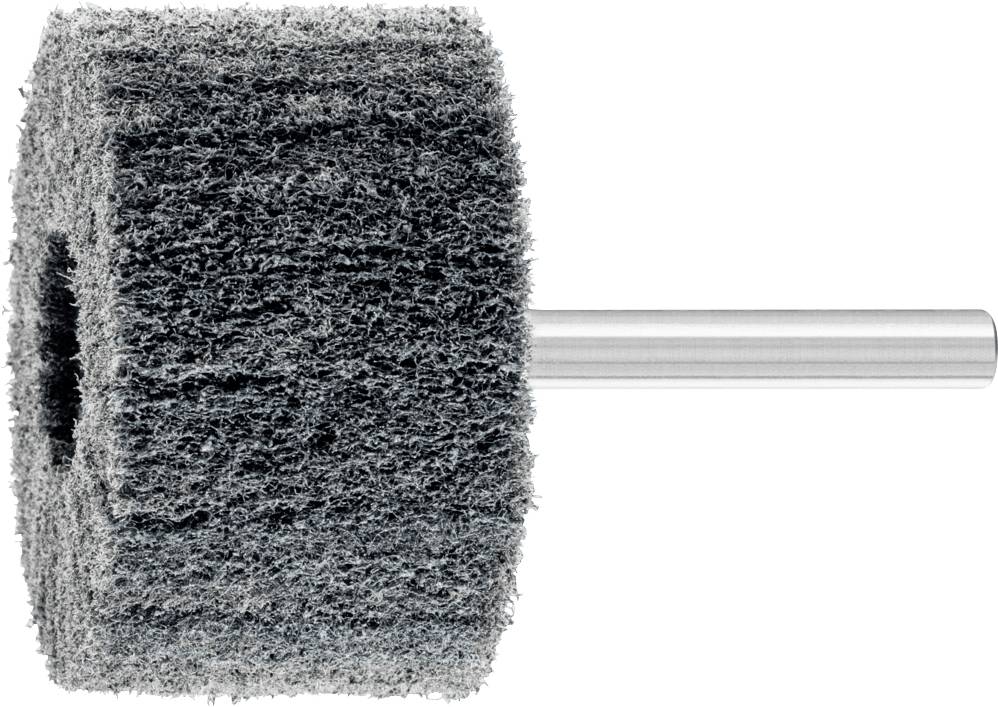 Schleifwalze mit Metallstange, schwarz-graue Borsten; Werkzeug zur Oberflächenbearbeitung und Politur.