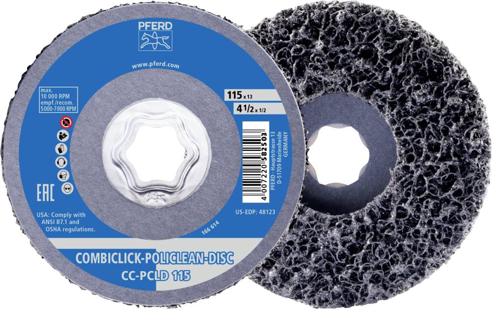 'Pferd CombiClick Policlean-Disc CC-PCLD 115' Schleifscheibe. Blau-graue Verpackung mit Barcode und technischen Spezifikationen.