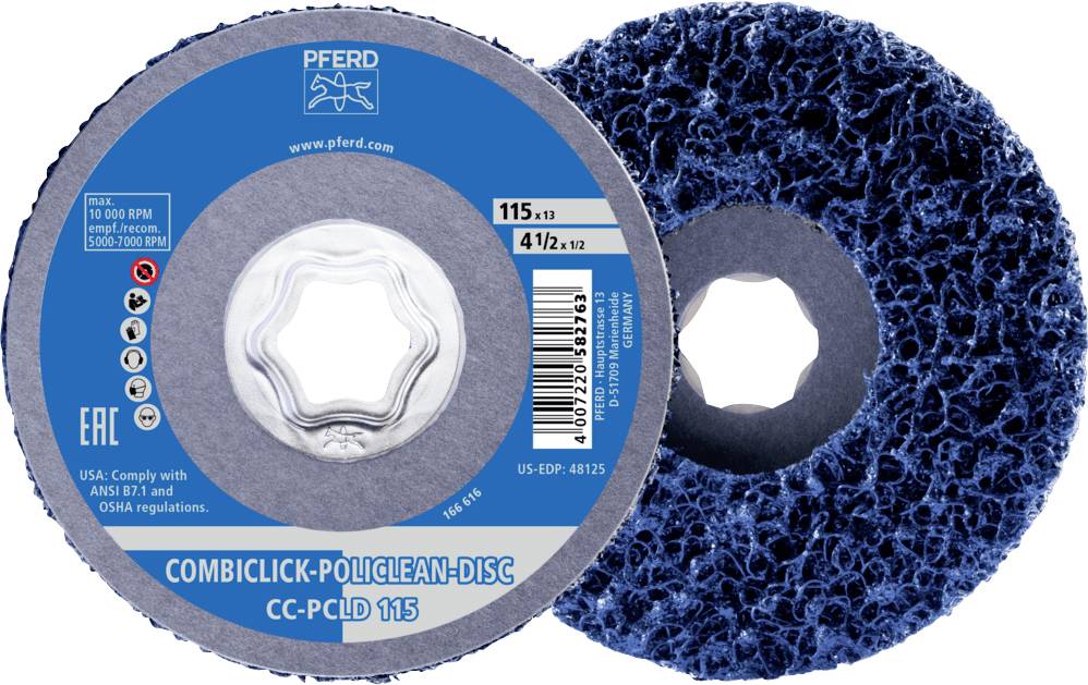 COMBICLICK-PoliClean-Scheibe in Blau, Durchmesser 115 mm, geeignet für die Reinigung von Metalloberflächen mit hoher Schleifgeschwindigkeit.