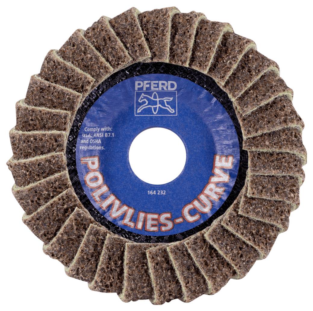 Schleifscheibe der Marke PFERD mit der Aufschrift 'POLIVLIES-CURVE', braun mit blauer Mitte, dient zum Schleifen und Polieren von Oberflächen.