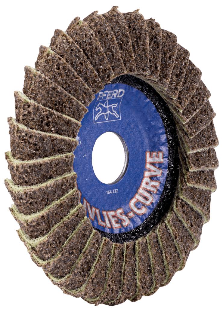 Schleifscheibe mit blauer Beschriftung 'PFERD Vlies-curve'. Verwendet zum Schleifen und Polieren verschiedener Materialien.
