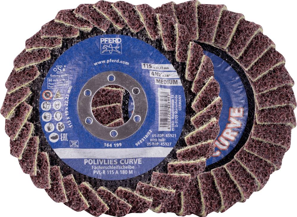 PFERD Polivlies Curve Schleifscheibe, Größe 115 A, mittlerer Körnungsgrad, geeignet zum Schleifen von Metalloberflächen.