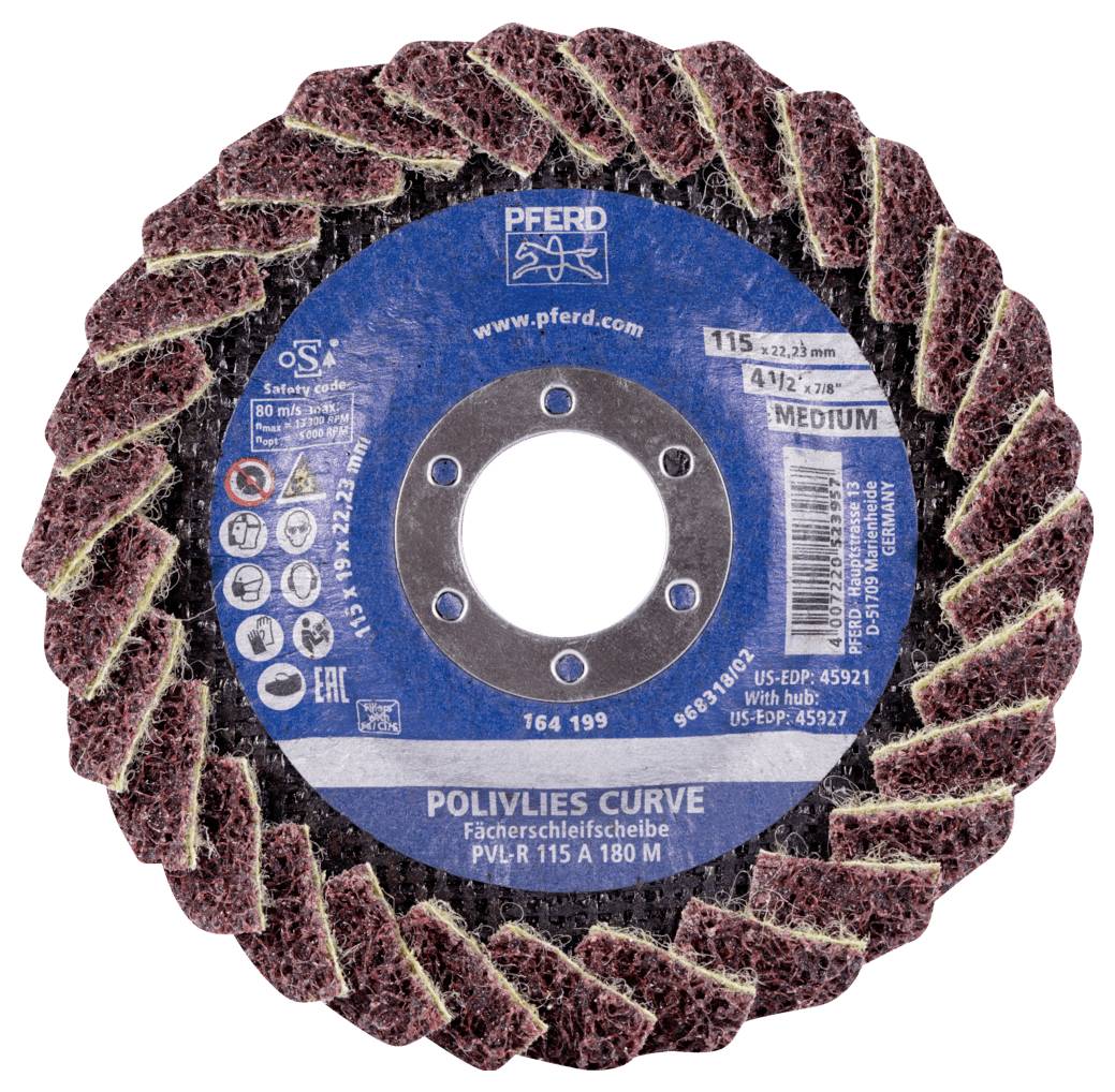 'PFERD' Polivlies-Fächerschleifscheibe, mittel, 115 mm, 80 m/s. Fördert effizientes Schleifen auf Metalloberflächen.