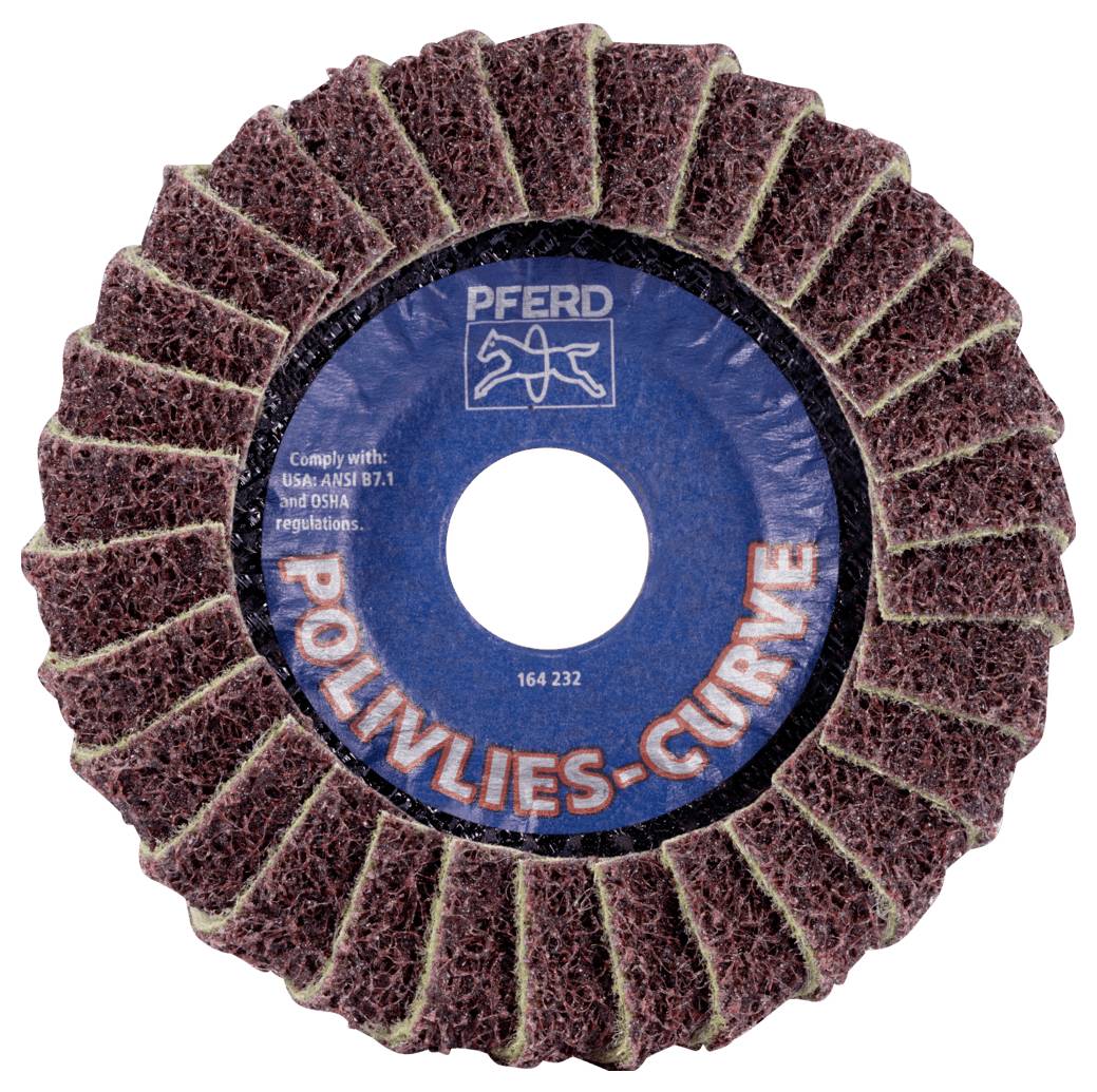 Schleifscheibe mit der Aufschrift 'POLIVLIES-CURVE', geeignet zur Metallbearbeitung. Herstellerlogo und Produktinformationen sichtbar.