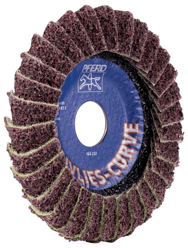 Schleifscheibe aus abrasivem Material mit blauer Mitte, Markenlogo und Schrift 'Zirillies-Curve'. Geeignet für Schleifarbeiten.