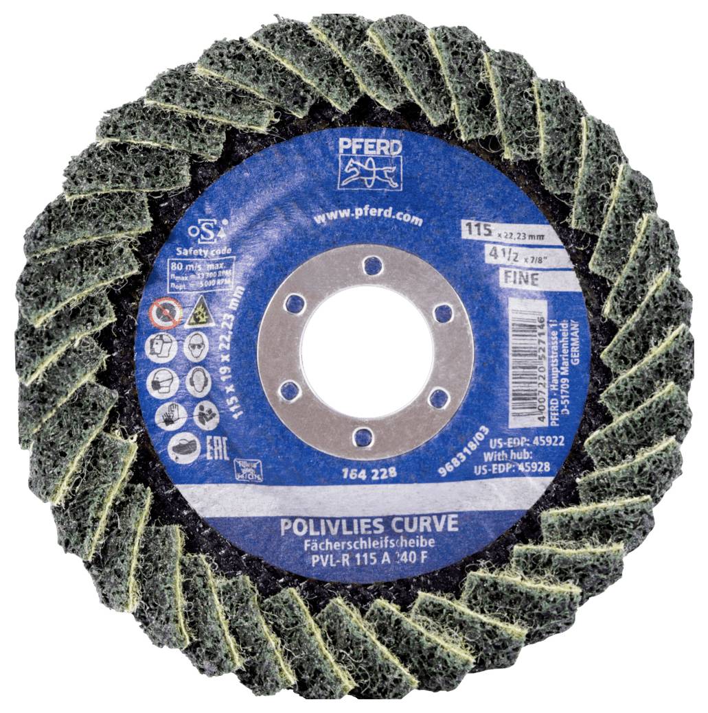PFERD Polivlies Curve Schleifscheibe, feine Körnung, Durchmesser 115 mm. Geeignet zum Schleifen von Metallen.
