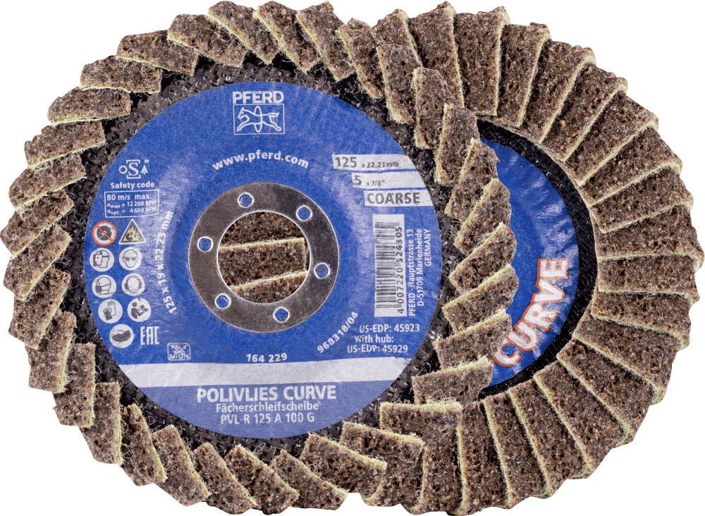 Eine grobe Schleifscheibe der Marke Pferd mit blauem Etikett und Sicherheitsinformationen, geeignet für Polieren und Schleifen.
