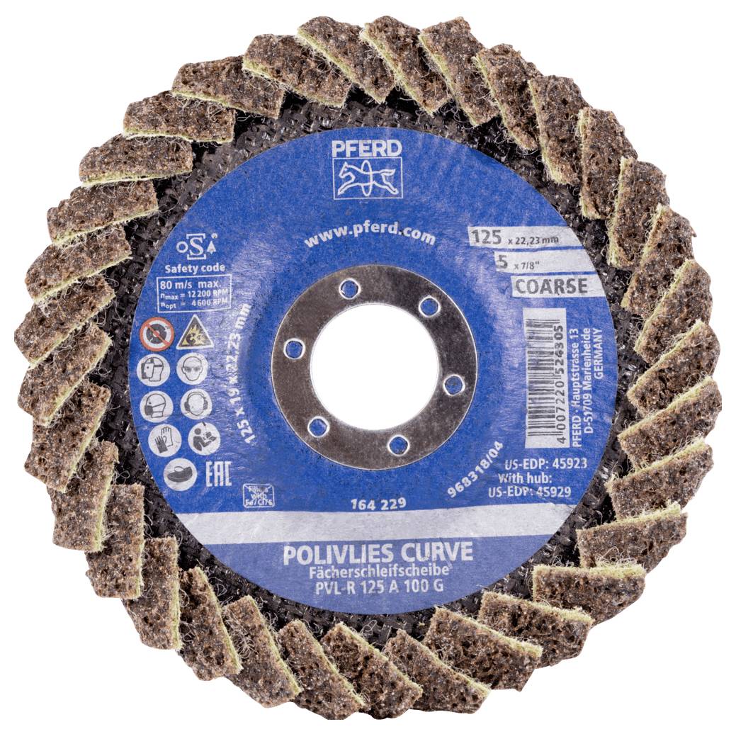 Eine grobe Fächerschleifscheibe der Marke 'Pferd', Modell 'Polivlies Curve', Durchmesser 125 mm, für aggressives Schleifen.