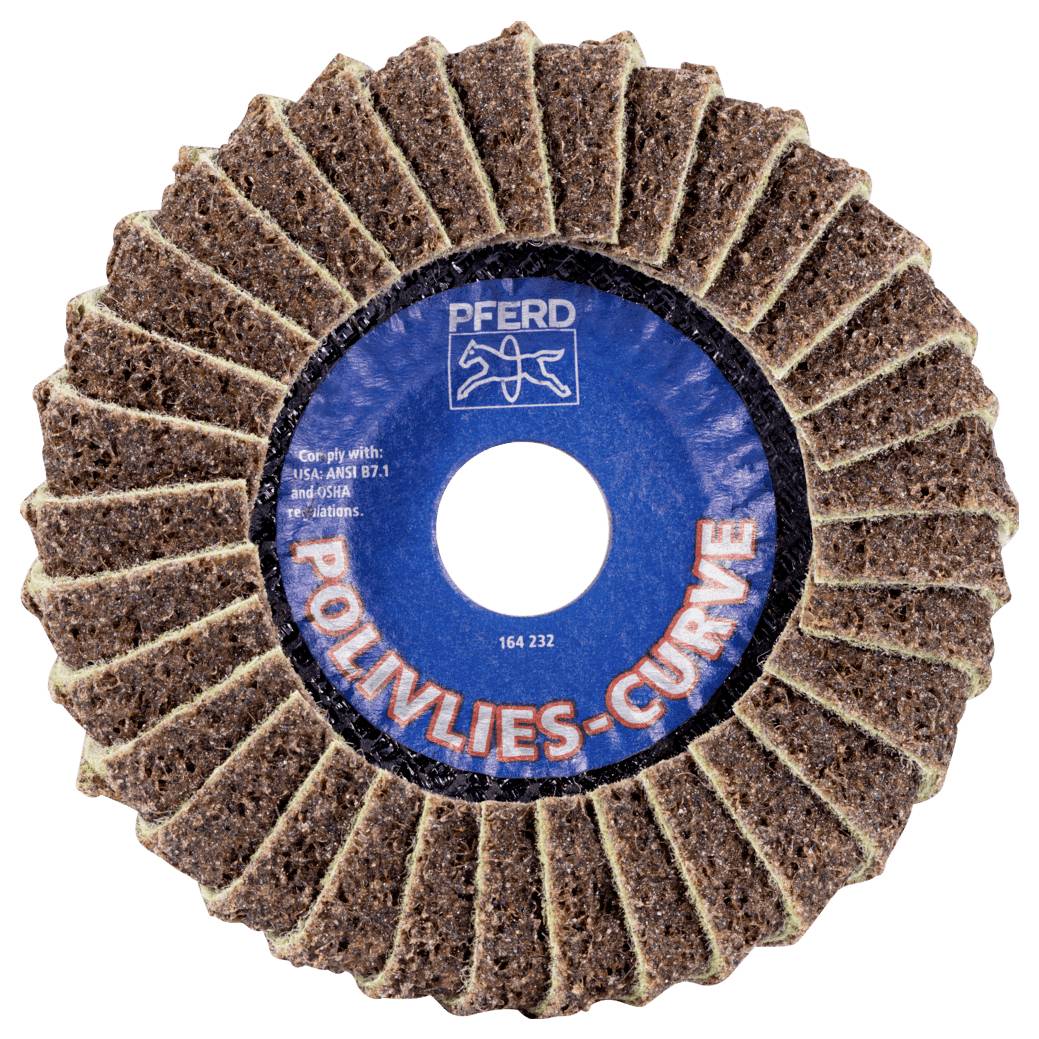 Ein Schleifwerkzeug mit kreisförmigen, fächerförmig angeordneten Schleifblättern aus braunem Material, Label in der Mitte mit 'Pferd'-Logo.