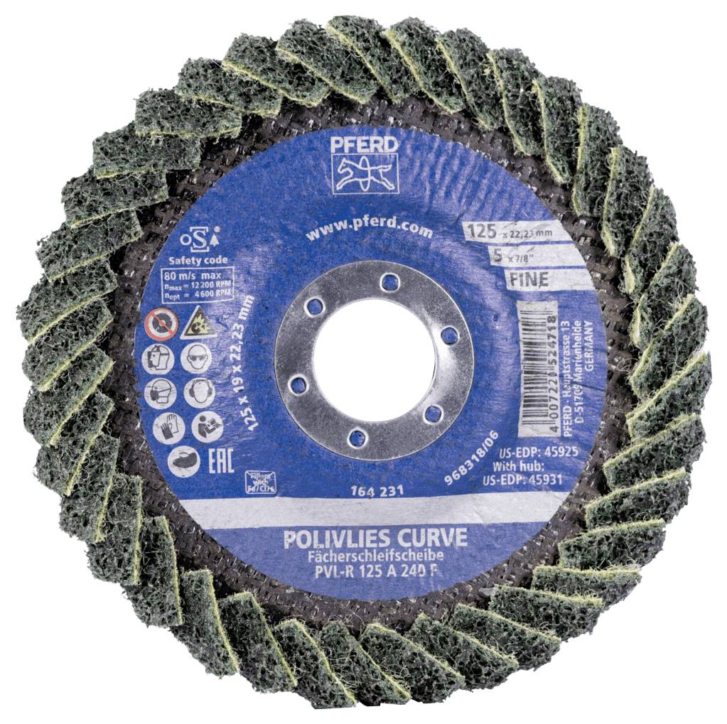 POLIVLIES Curve Schleifscheibe mit mittelfeiner Körnung für Metallbearbeitung, Ø 125 mm. Hersteller: PFERD. Max. 5800 U/min.