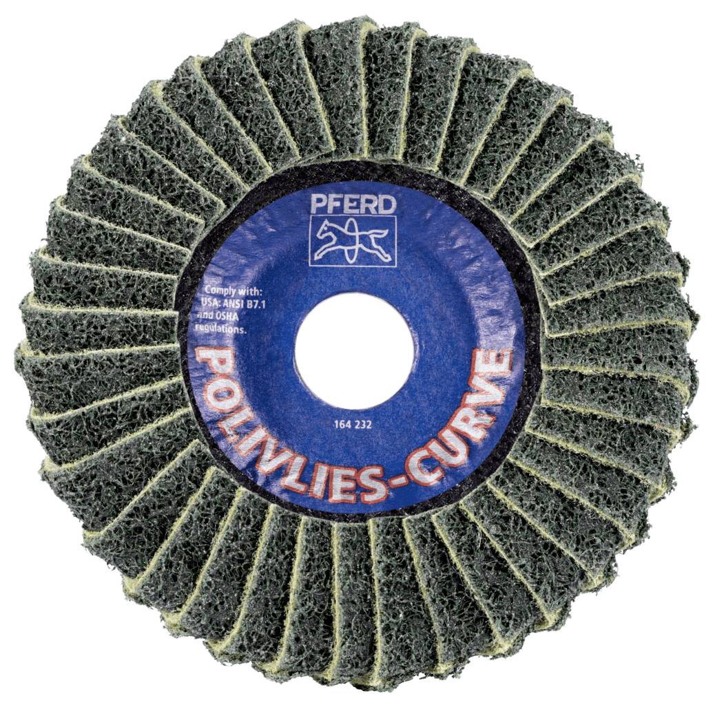 Schleifscheibe mit blauem Etikett und Aufschrift 'Polivlies-Curve'. Markenzeichen oben. Geeignet für Schleifarbeiten auf gewölbten Flächen.