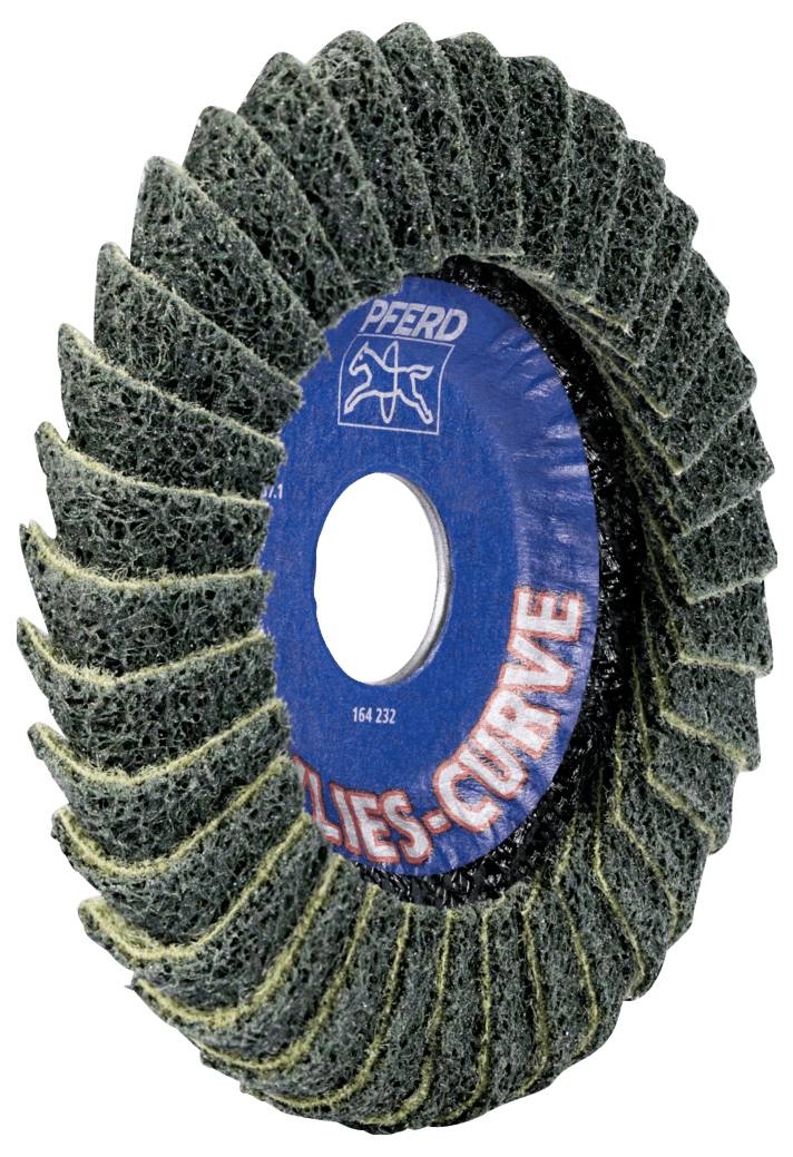 Abrasscheibe mit spiralartig angeordneten Lamellen und mittlerem Loch, Marke PFERD, Modell COMBIDISC-CURVE, für Schleifarbeiten.