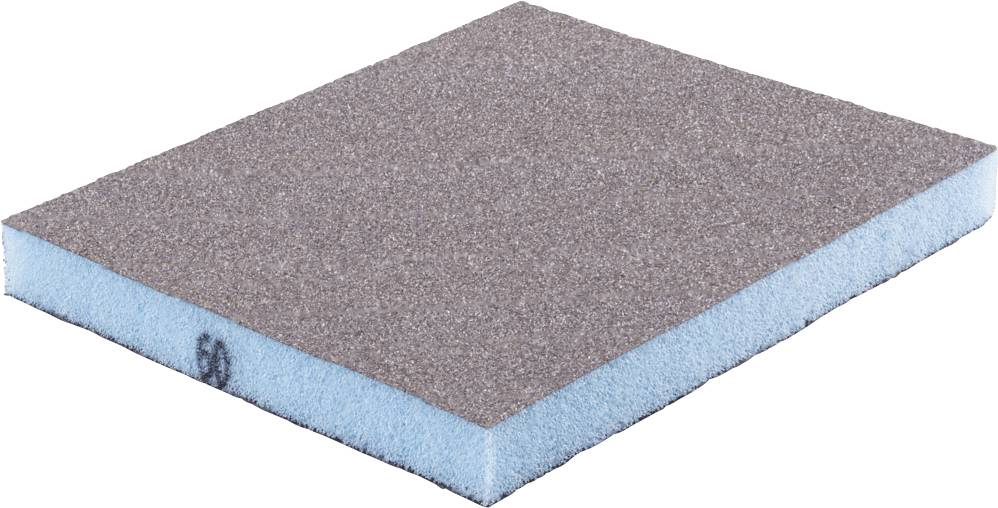 Ein quadratischer Schleifschwamm mit brauner Schleiffläche und blauer Schaumstoffunterlage.