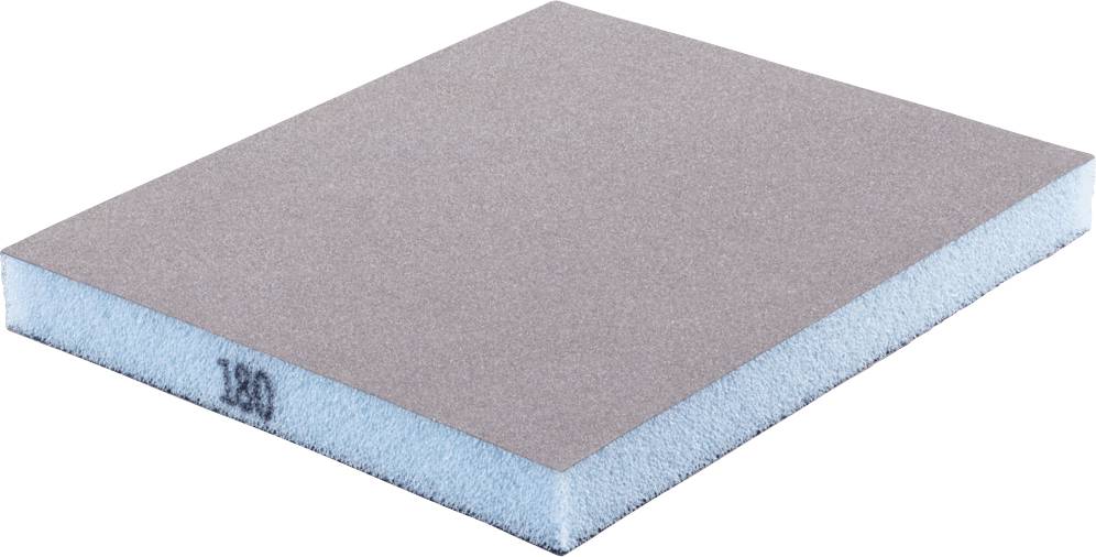 Ein rechteckiger Schleifschwamm mit blauer Schaumstoffbasis und grauer Schleifoberfläche, gekennzeichnet mit der Körnung '180'.