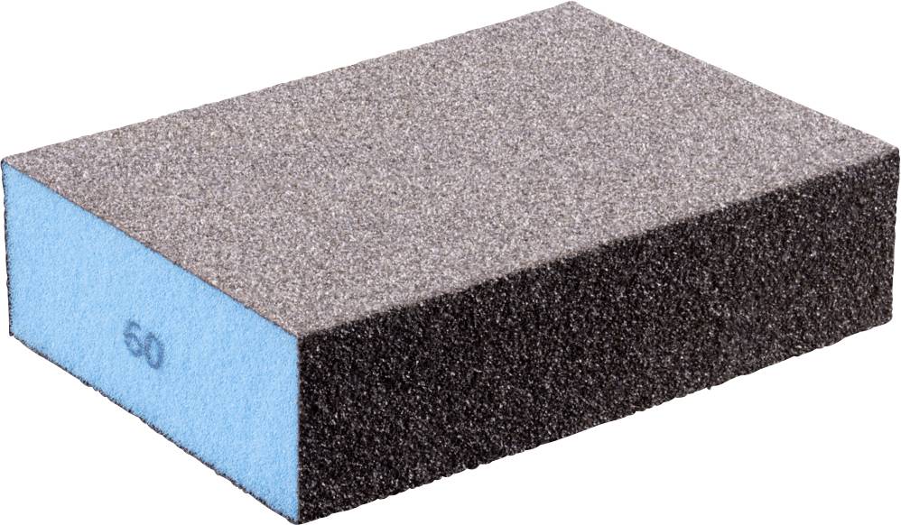 Schleifschwamm mit blauem Schaumstoffkern und grauer Schleiffläche. Geeignet für Holz, Metall und Kunststoffbearbeitung.