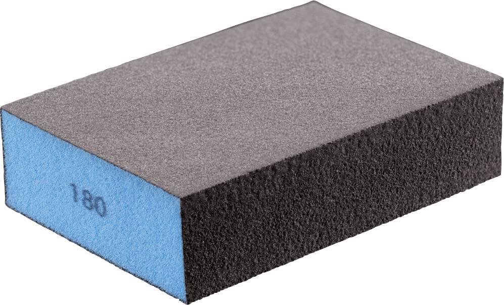 Ein rechteckiger Schleifschwamm, schwarz mit blauer Kante und der Zahl '180', für feines Schleifen von Oberflächen.