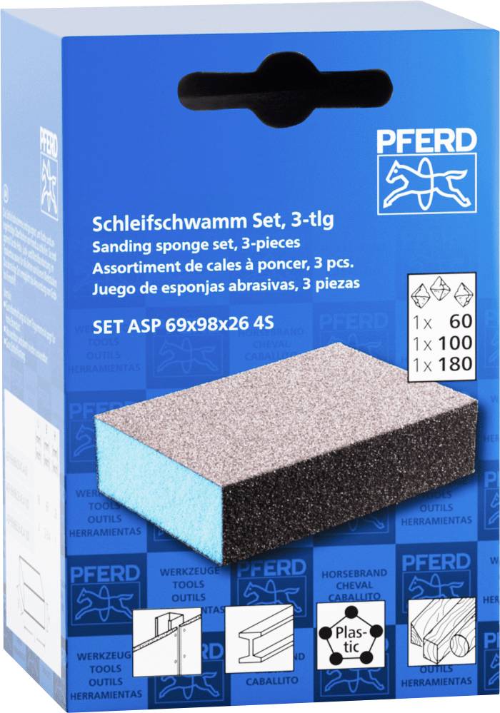 Verpackung eines 3-teiligen Schleifschwamm-Sets der Marke 'PFERD', inklusive Körnungen 60, 100 und 180, geeignet für verschiedene Oberflächen.