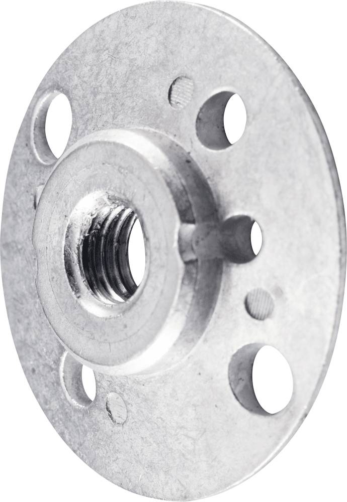 Metallene runde Platte mit Loch in der Mitte und mehreren Löchern an den Rändern, dient zur Befestigung oder als Verbindungselement.