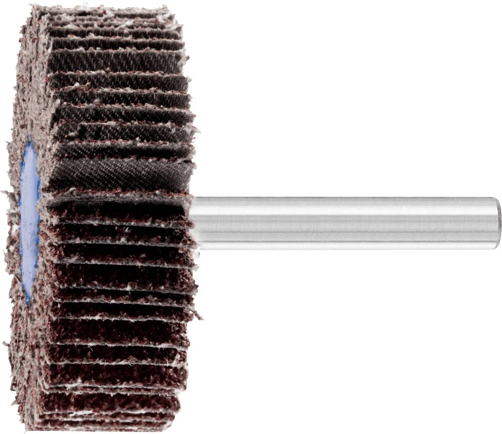 Ein Schleiffächer mit abgenutztem Schleifmaterial auf einer Metallachse, verwendet zum Bearbeiten von Oberflächen.